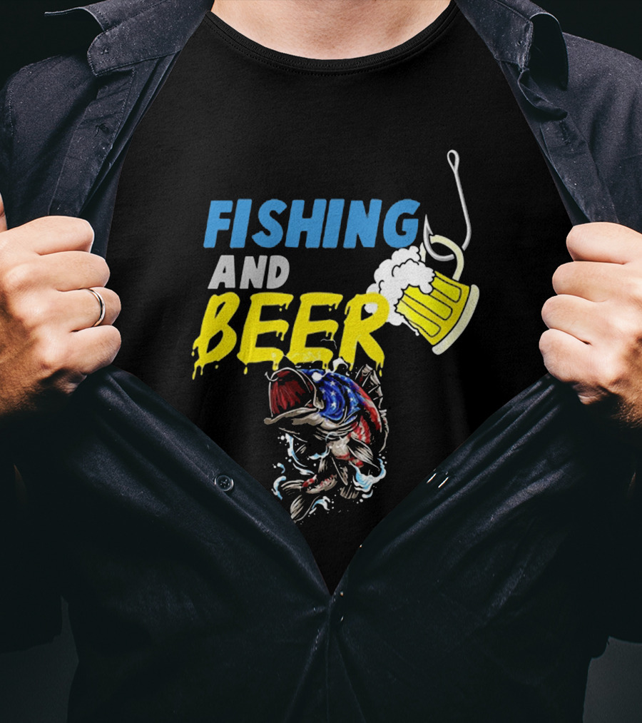 Fishing And Beer American Flag Fish Version With Mug And Hook T-Shirt