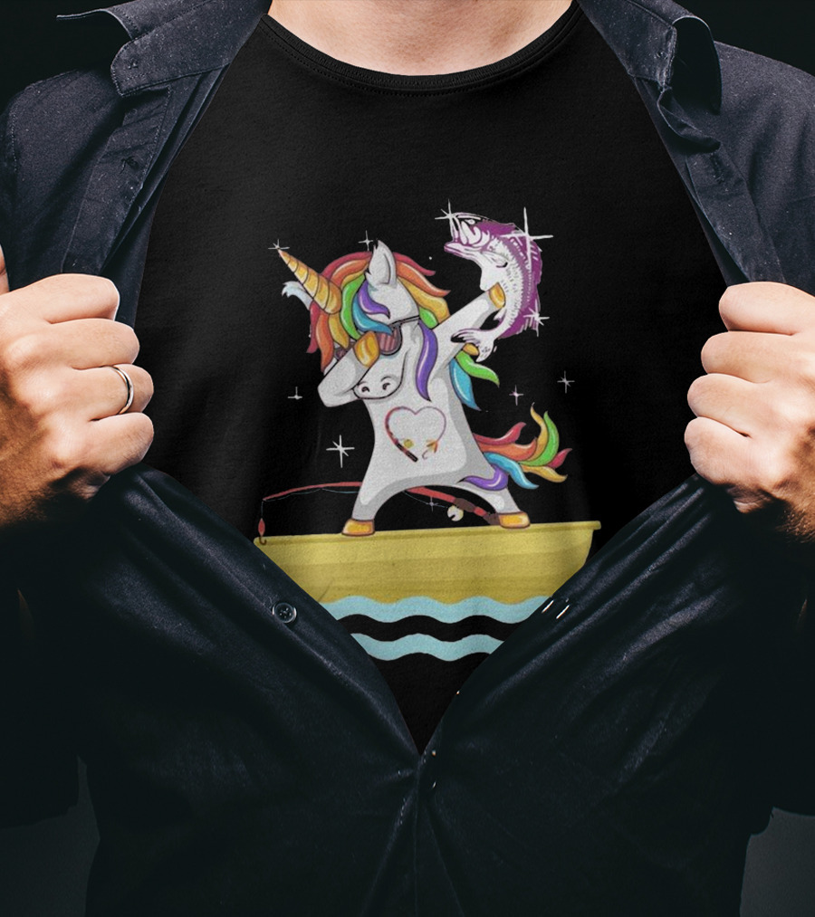Unicorn Dabbing With Fish On Boat T-Shirt
