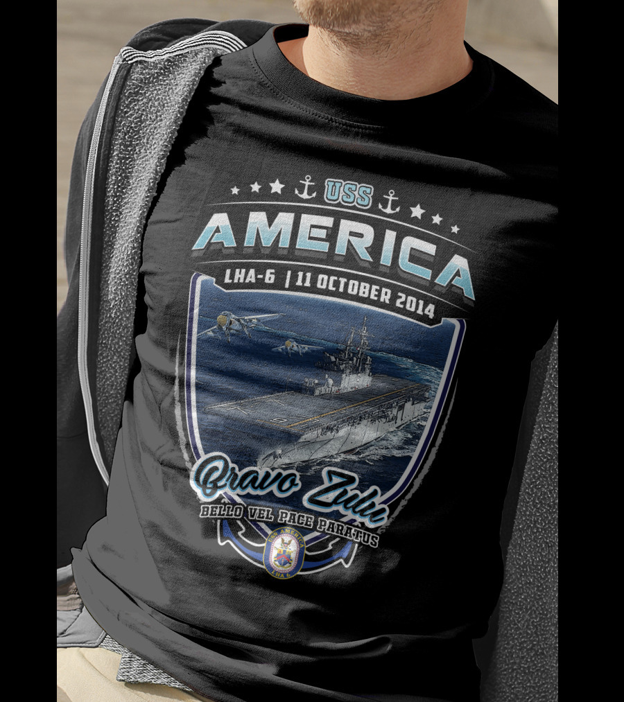 Uss America Lha-6 11 October 2014 Bravo Zulu Bello Vel Pace Paratus T-Shirt