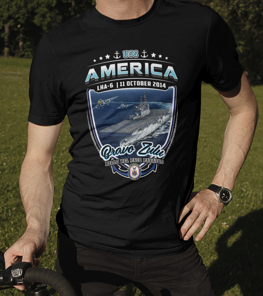 Uss America Lha-6 11 October 2014 Bravo Zulu Bello Vel Pace Paratus T-Shirt
