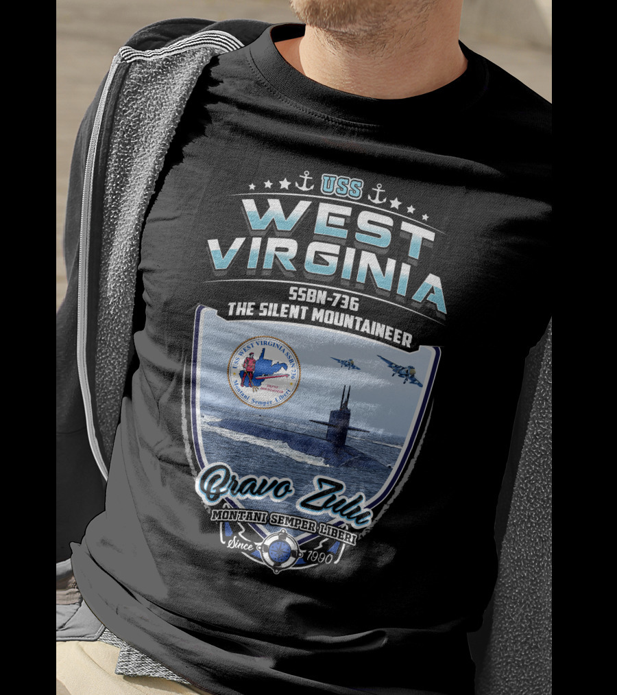 Uss West Virginia Ssbn-736 The Silent Mountaineer Bravo Zulu Montani Semper Liberi Since 7990 T-Shirt