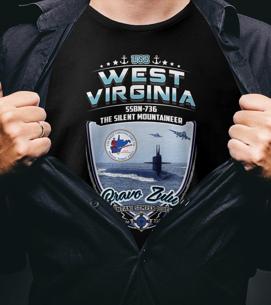 Uss West Virginia Ssbn-736 The Silent Mountaineer Bravo Zulu Montani Semper Liberi Since 7990 T-Shirt
