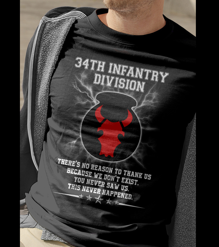 34Th Infantry Division Red Bull Skull With Lightning And Secret Message T-Shirt