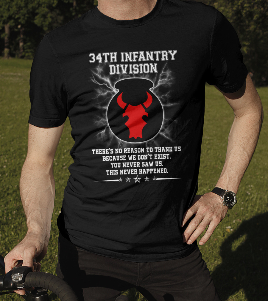34Th Infantry Division Red Bull Skull With Lightning And Secret Message T-Shirt