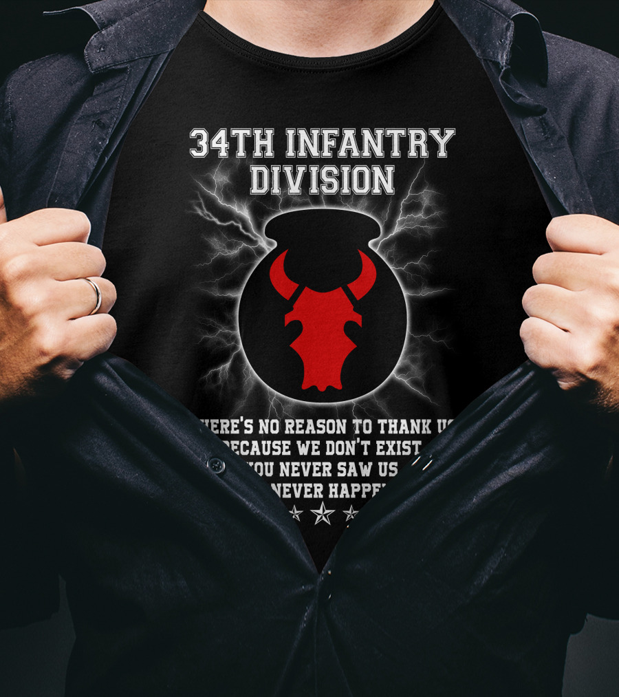 34Th Infantry Division Red Bull Skull With Lightning And Secret Message T-Shirt