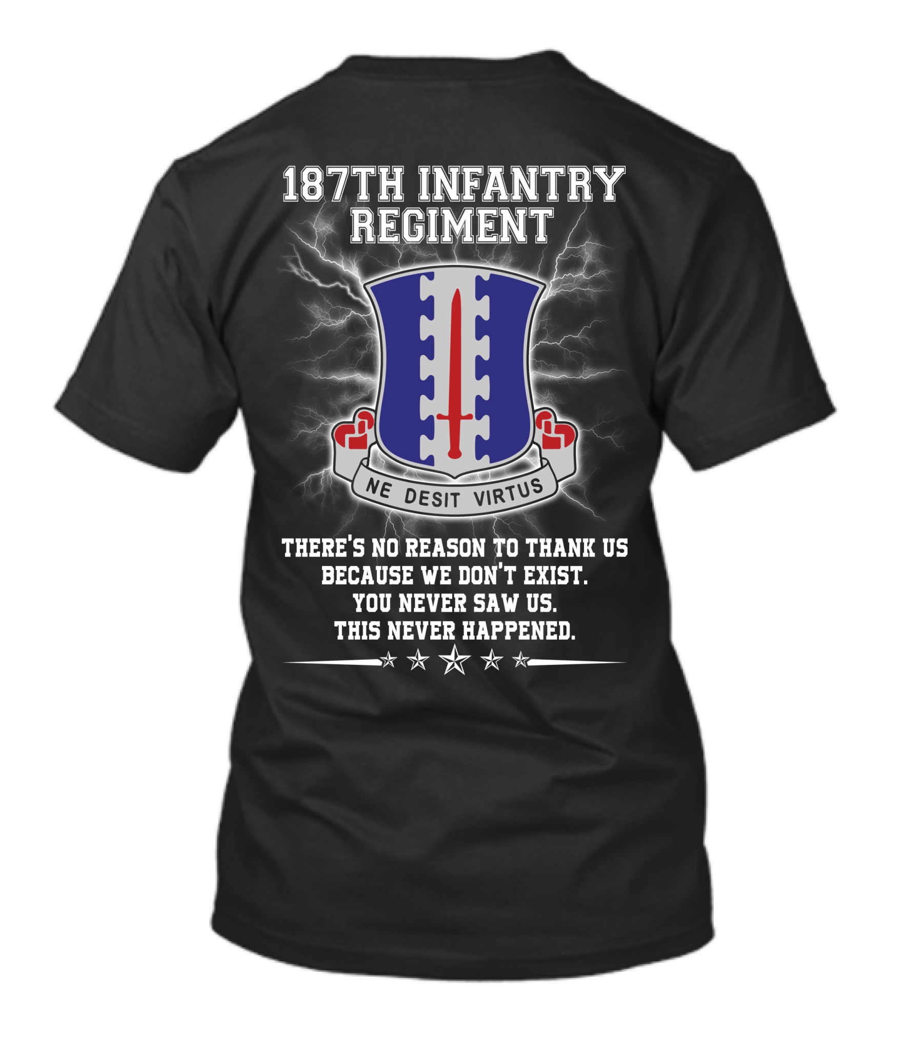187Th Infantry Regiment Ne Desit Virtus Badge There's No Reason To Thank Us Because We Don't Exist You Never Saw Us This Never Happened T-Shirt