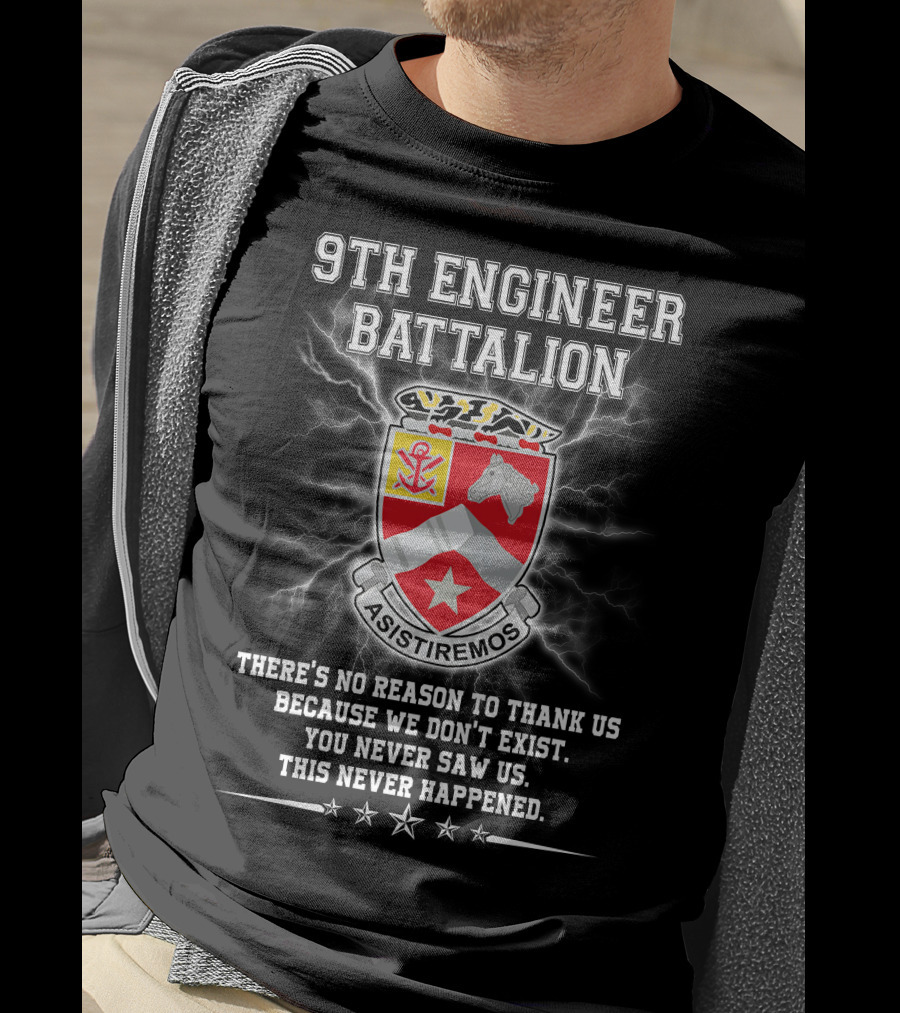9Th Engineer Battalion Asistiremos Coat Of Arms Electric Background Never Happened T-Shirt
