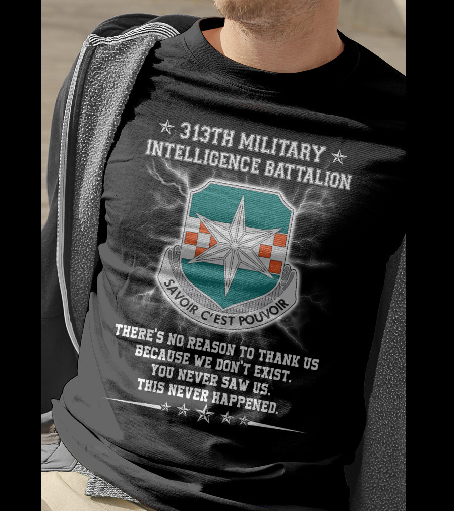 313th Military Intelligence Battalion Savoir C'est Pouvoir You Never Saw Us This Never Happened T-Shirt