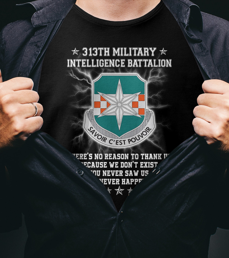 313th Military Intelligence Battalion Savoir C'est Pouvoir You Never Saw Us This Never Happened T-Shirt