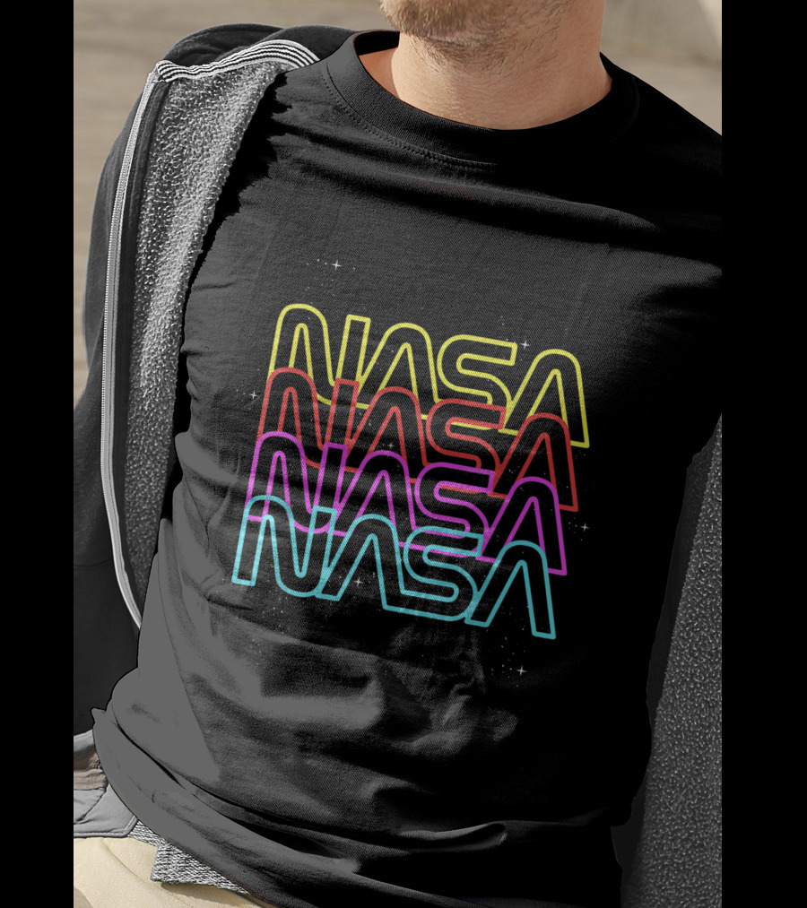 NASA Neon Rainbow Repeat Text Multicolor Stacked Space T-Shirt