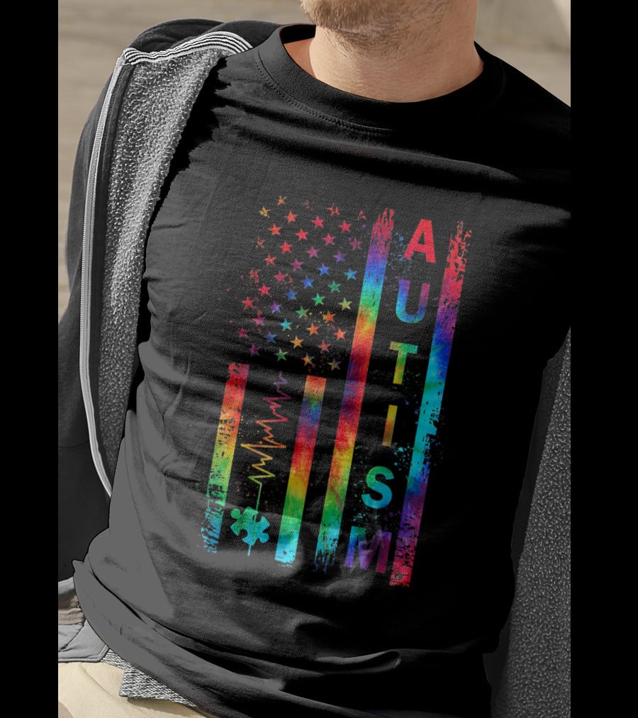 American Flag Autism Awareness Tie Dye Teacher Mom Support T-Shirt