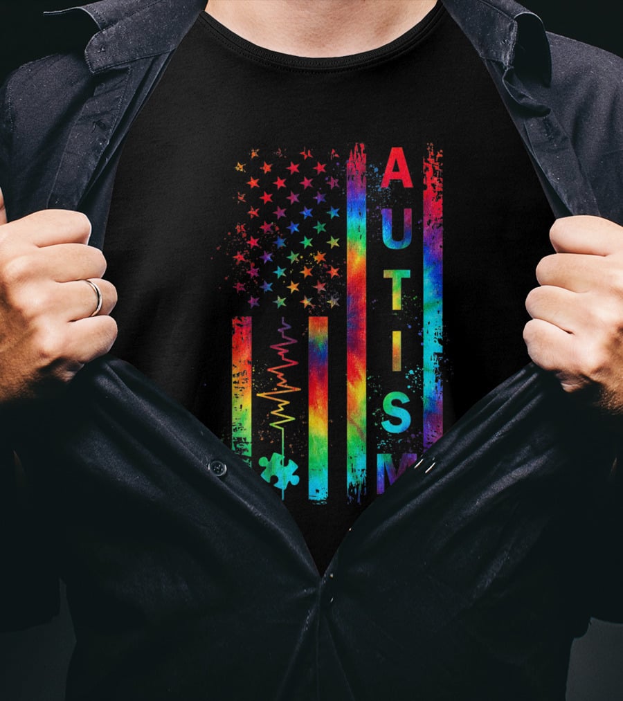 American Flag Autism Awareness Tie Dye Teacher Mom Support T-Shirt