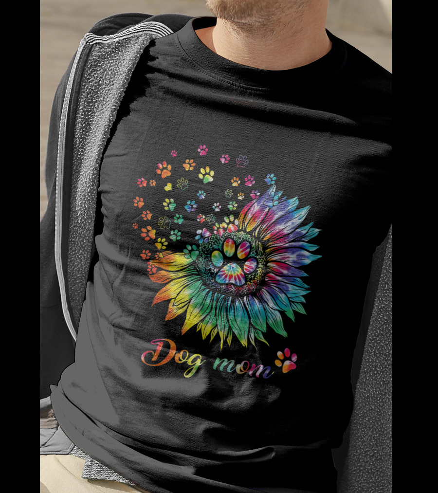 Dog Mom Tie Dye Sunflower With Paw Prints T-Shirt