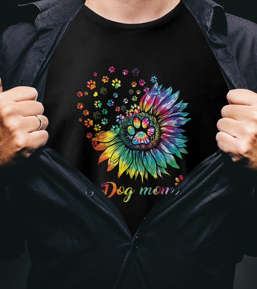 Dog Mom Tie Dye Sunflower With Paw Prints T-Shirt