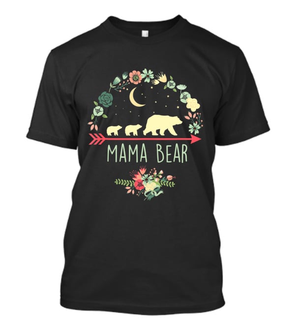 Mama Bear With Two Cubs Moon And Floral Arrow T-Shirt
