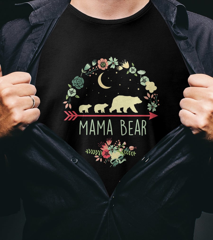 Mama Bear With Two Cubs Moon And Floral Arrow T-Shirt