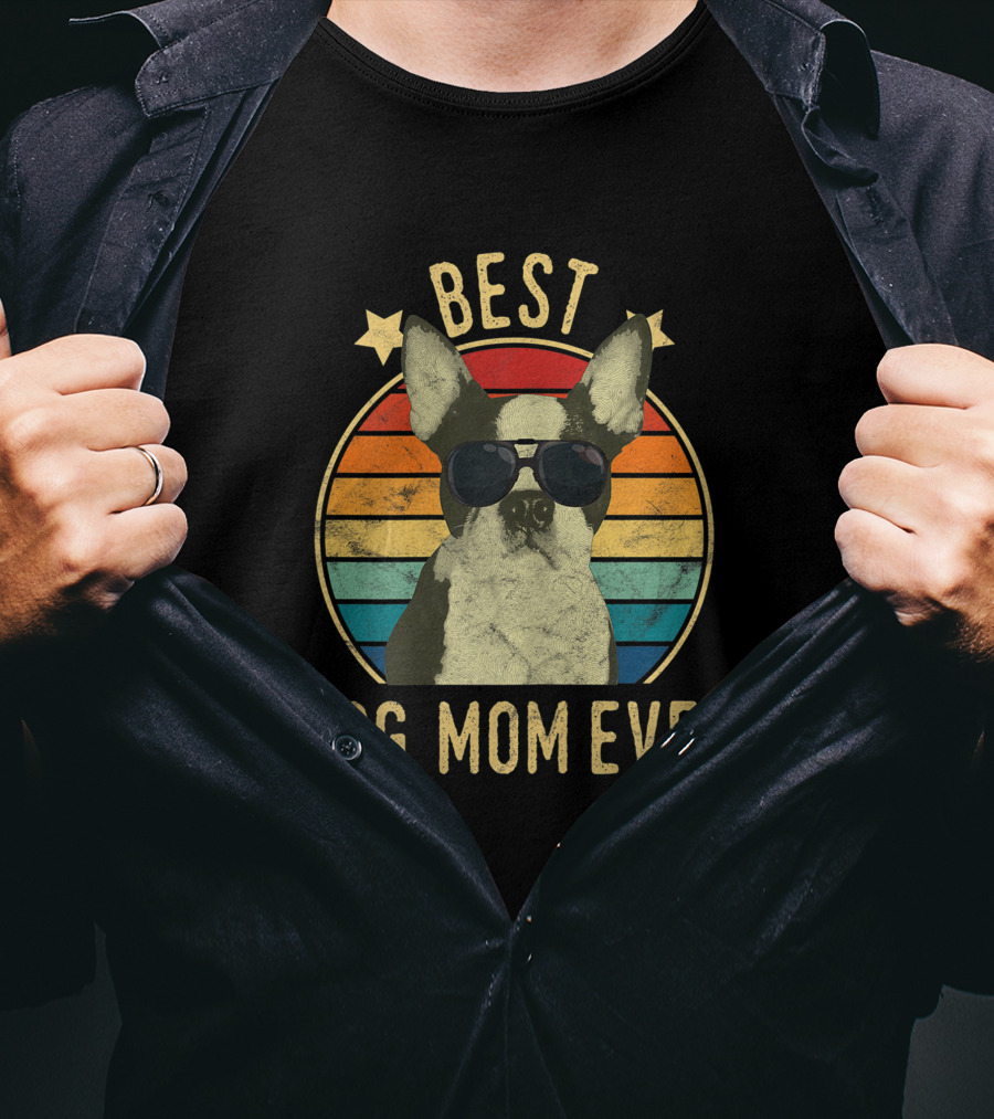 Best Dog Mom Ever Boston Terrier Retro Sunglasses Stars Stripes T-Shirt