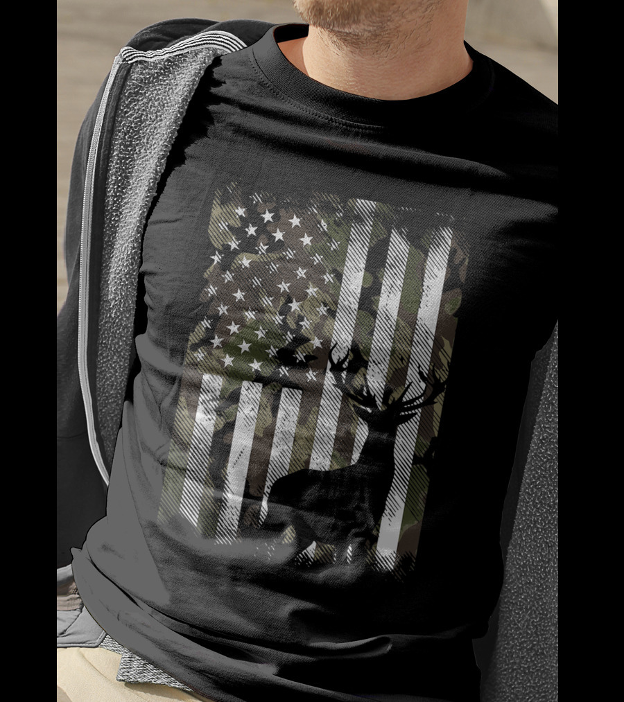 Camo American Flag With Deer Silhouette USA Hunting T-Shirt