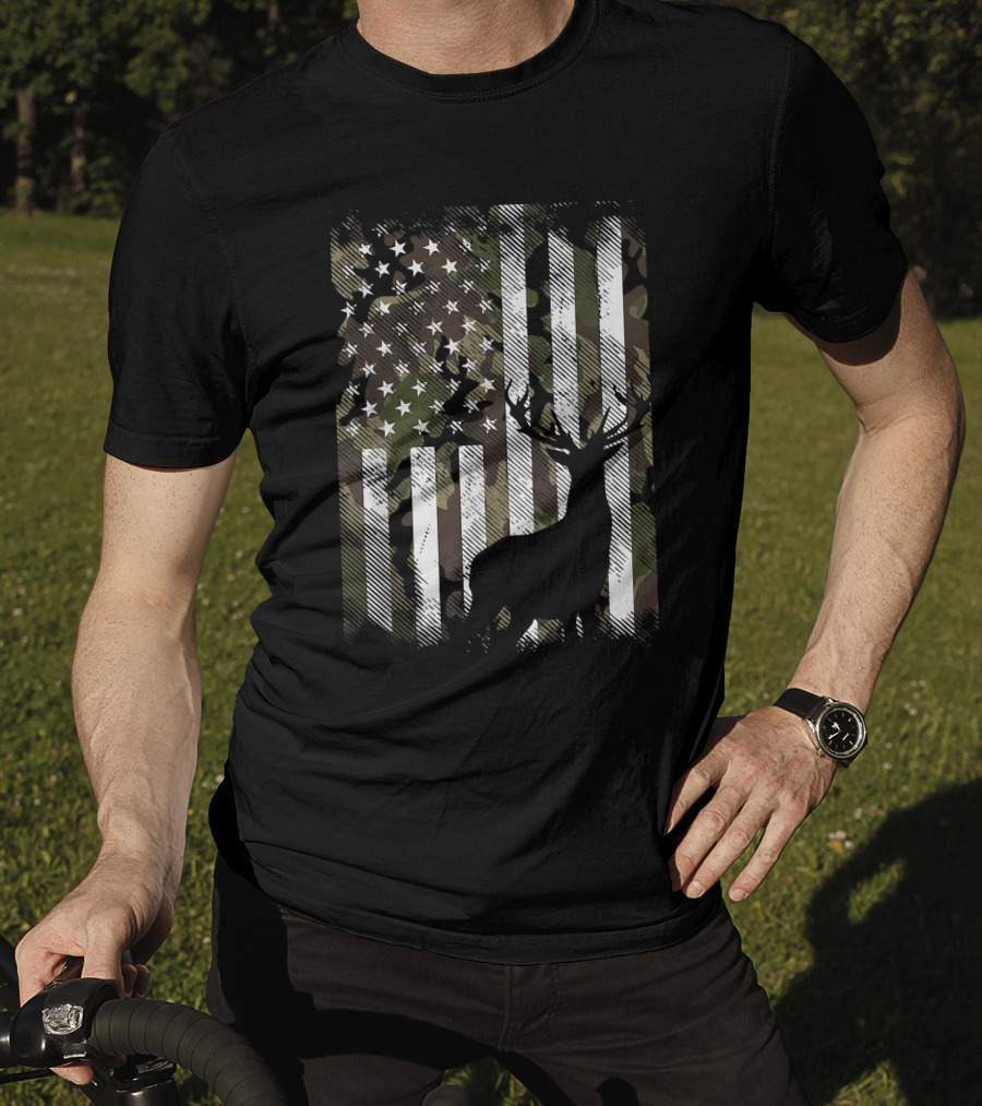 Camo American Flag With Deer Silhouette USA Hunting T-Shirt
