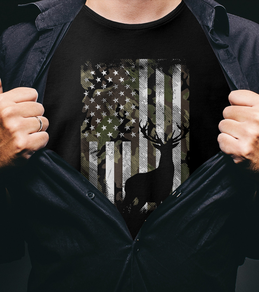 Camo American Flag With Deer Silhouette USA Hunting T-Shirt