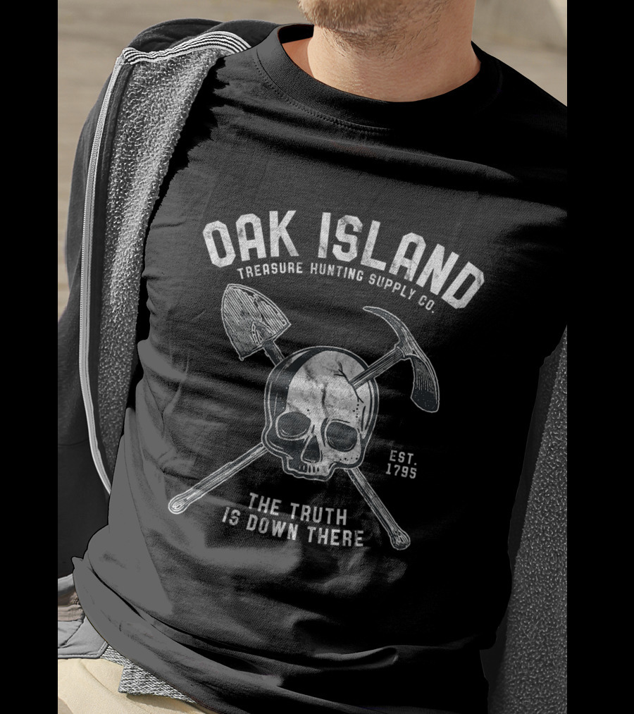 Oak Island Treasure Hunting Supply Co Skull Shovel Pickaxe The Truth Is Down There Est. 1795 T-Shirt