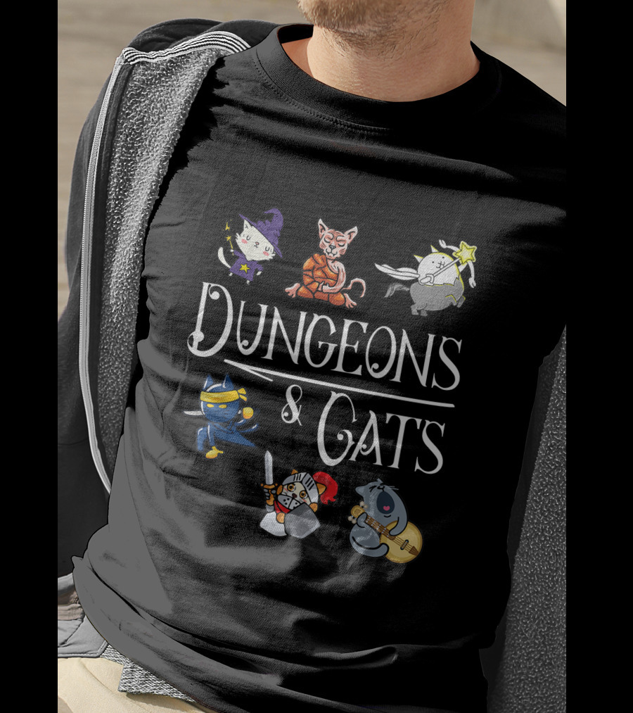 Dungeons And Cats Funny Cat Lover Cartoon Character Wizard And Warrior Adventure T-Shirt