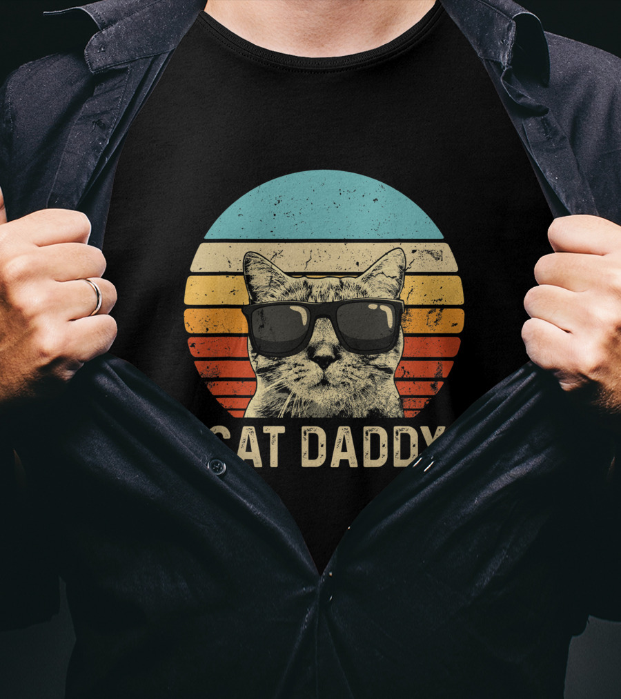 Mens Vintage Cat Daddy Funny Cat Lover Cat Dad Fathers Retro Sunglasses Cat T-Shirt