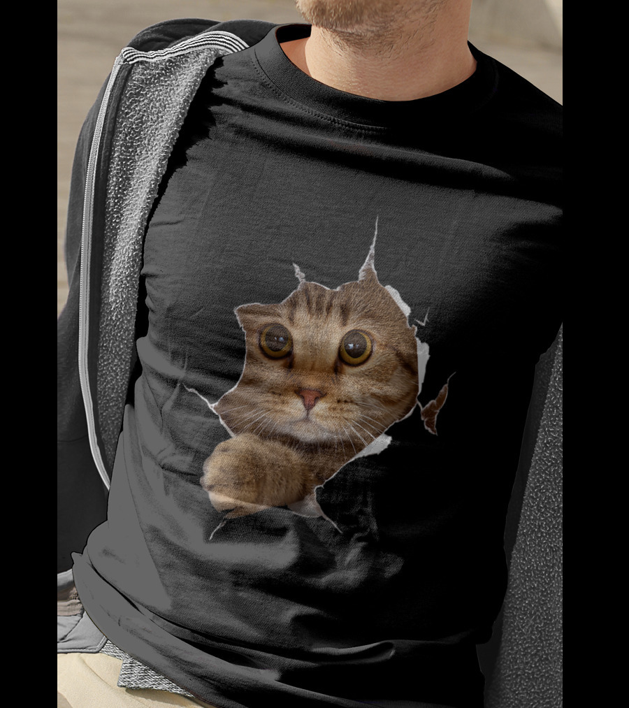 Sweet Kitten Torn Cloth Funny Cat Lover Cat Owner Cat Lady Peeking Cat Through Rip T-Shirt
