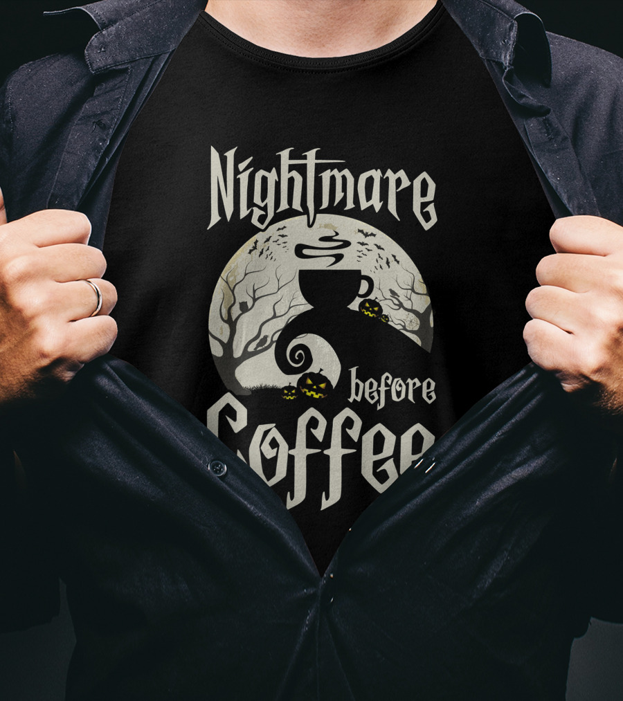 Nightmare Before Coffee Halloween Funny Gift With Pumpkin And Tree Elements T-Shirt