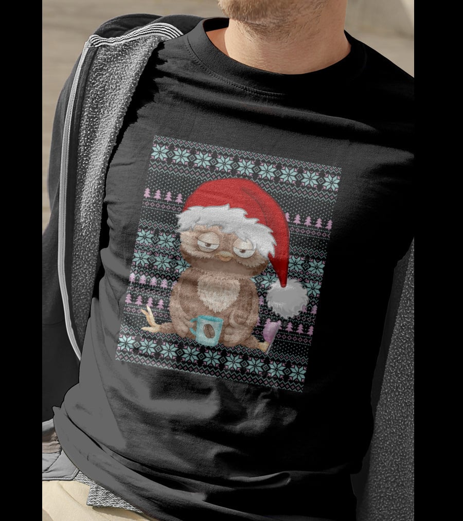 Ugly Christmas Santa Owl Coffee Lovers Christmas Costume T-Shirt