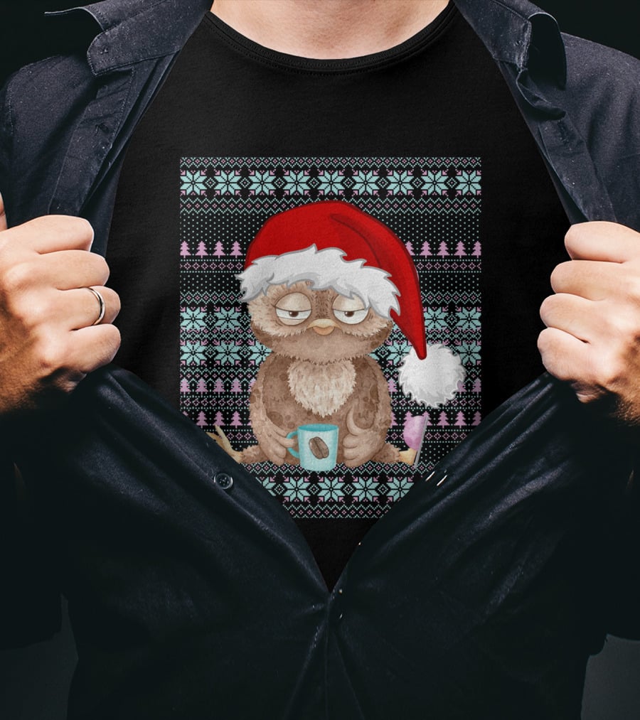 Ugly Christmas Santa Owl Coffee Lovers Christmas Costume T-Shirt