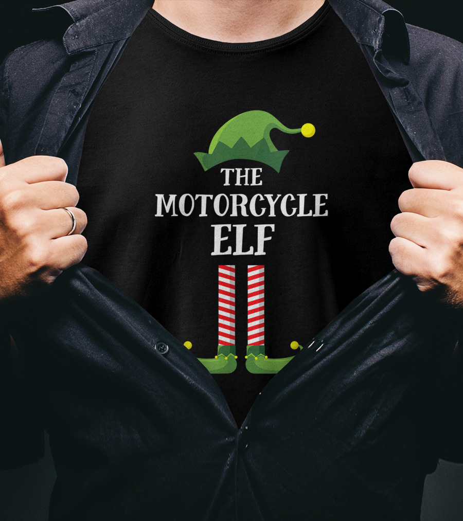 The Motorcycle Elf Green Hat Red Striped Legs Christmas Party Matching Family Group T-Shirt