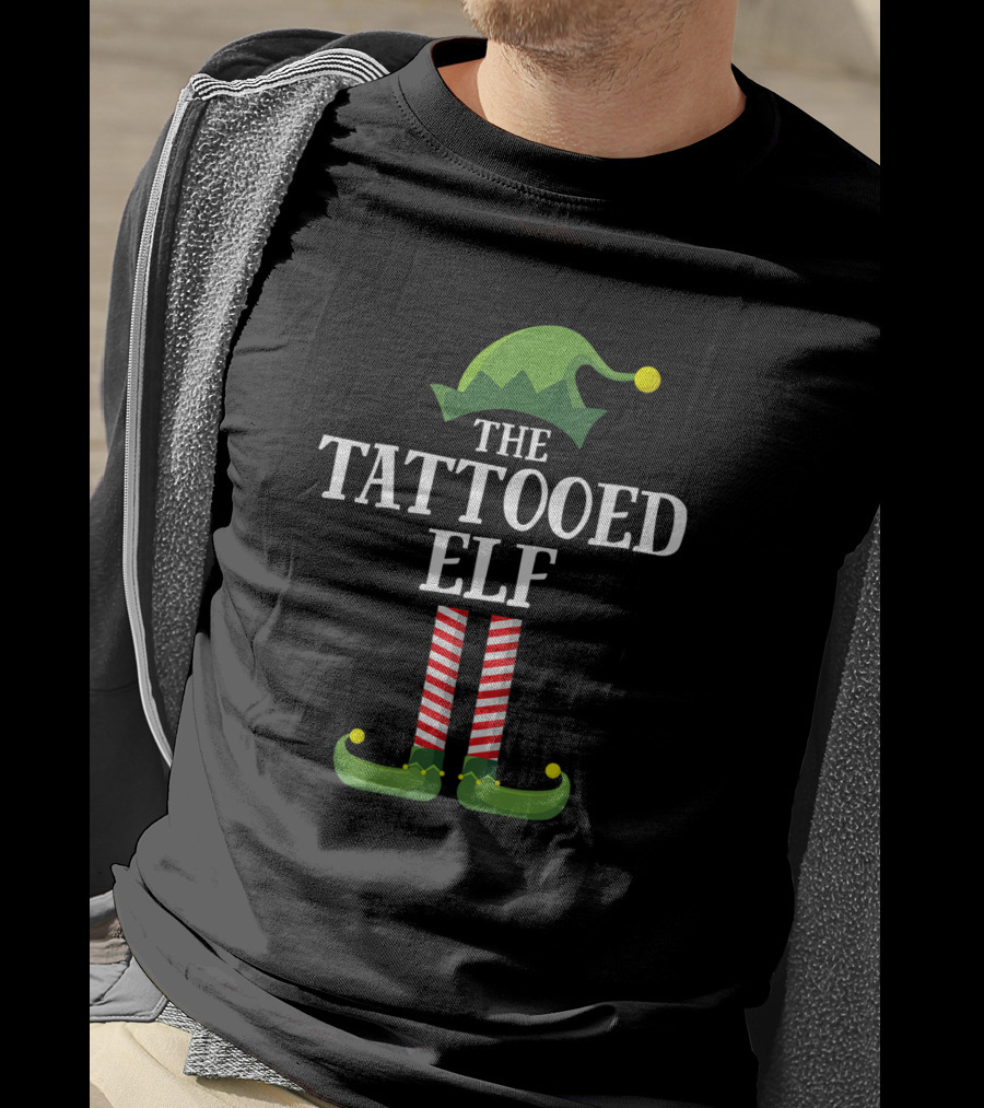 Tattooed Elf V-Neck Christmas Pajama Matching Family Group Party T-Shirt
