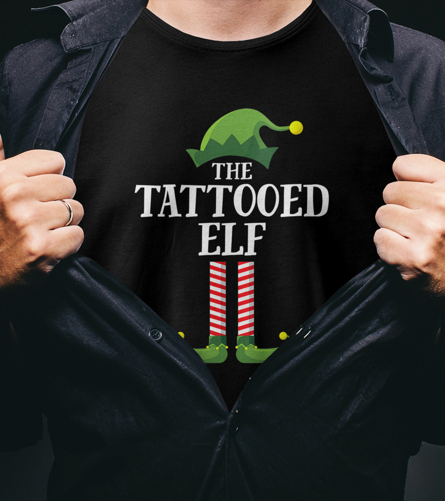 Tattooed Elf V-Neck Christmas Pajama Matching Family Group Party T-Shirt