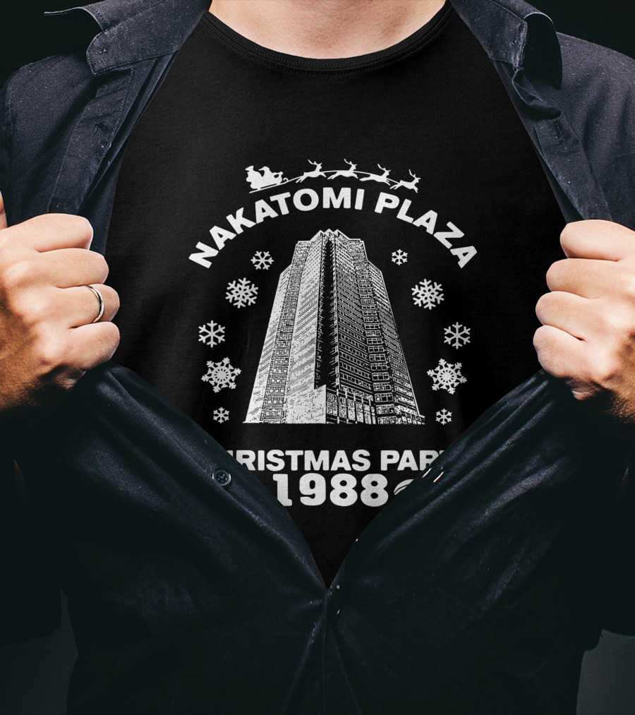 Nakatomi Plaza 1988 Christmas Party Pop Culture Santa Sleigh Snowflakes T-Shirt