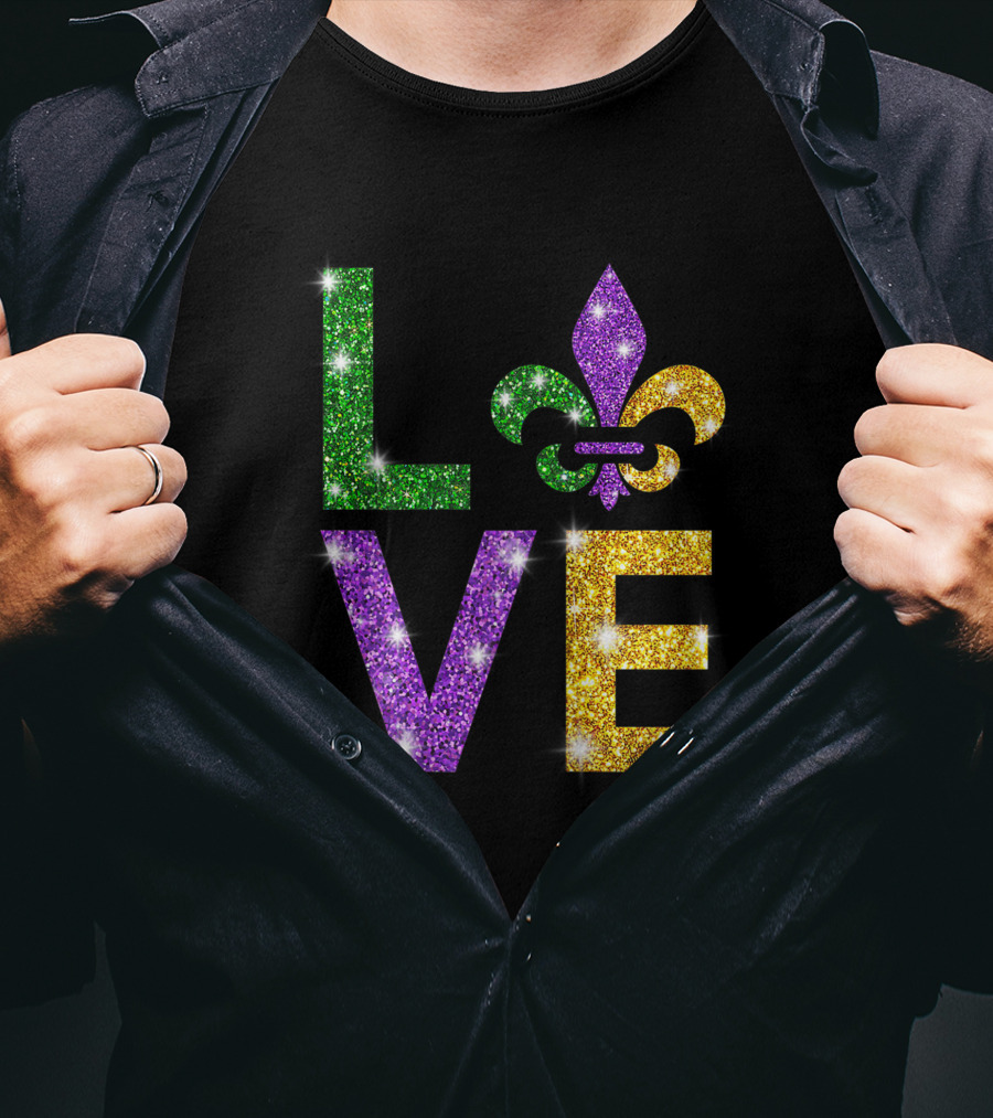 I Love Mardi Gras Fleur-de-Lis Glitter Celebration T-Shirt
