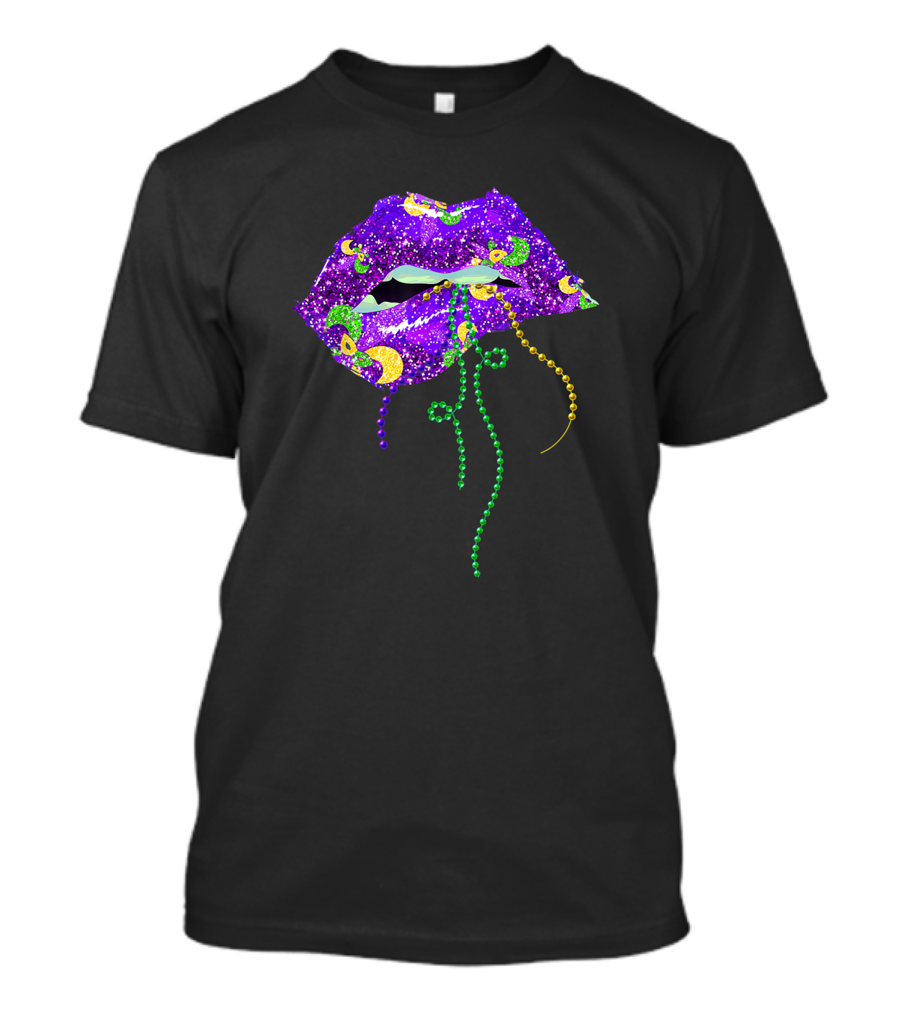 Mardi Gras Sparkling Lips With Beads Queen Carnival Purple Gold T-Shirt