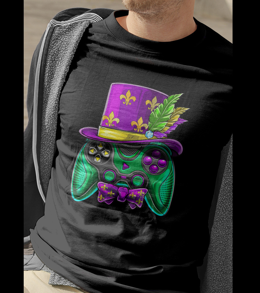 Mardi Gras Fleur-de-Lis Video Game Controller Jester Hat Bow Tie T-Shirt