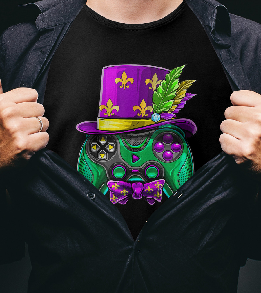 Mardi Gras Fleur-de-Lis Video Game Controller Jester Hat Bow Tie T-Shirt
