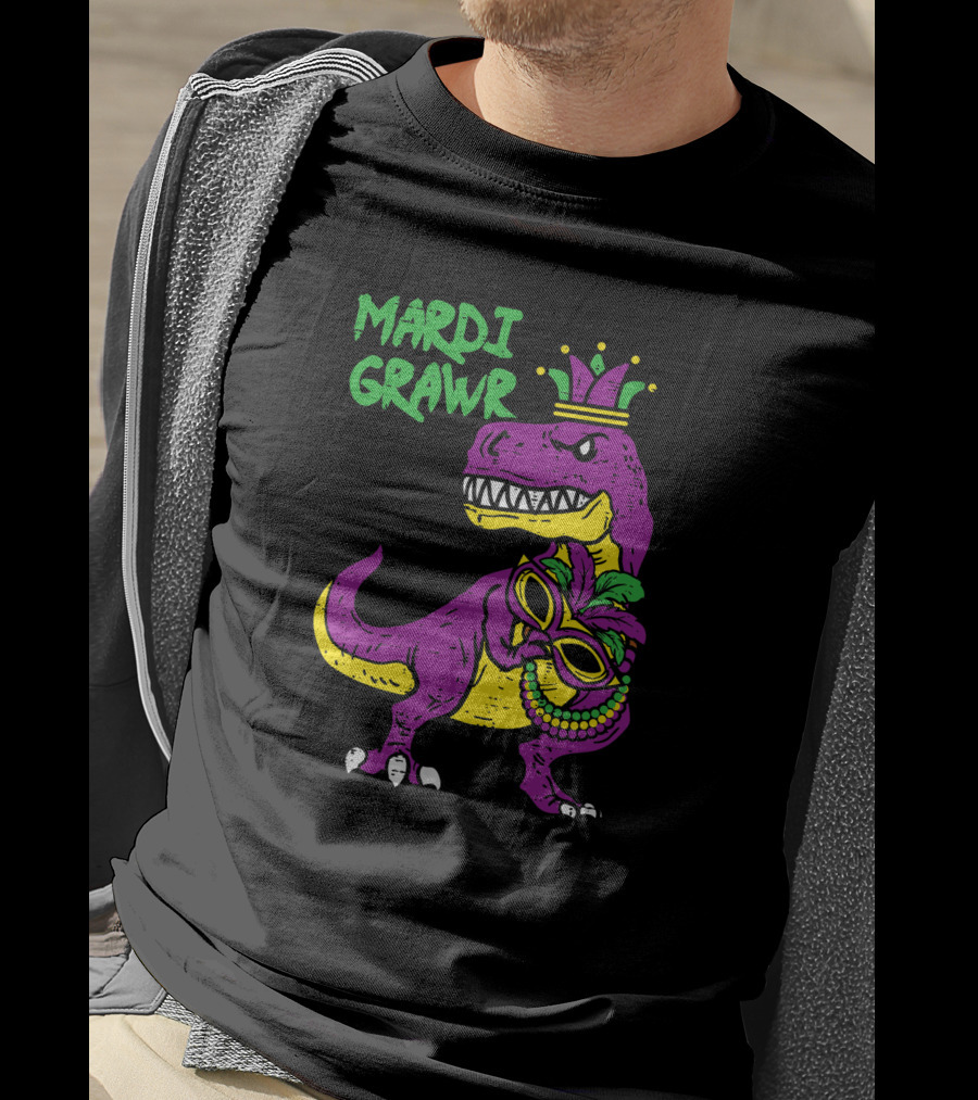 Mardi Grawr Jester Trex Dinosaur With Mask And Beads T-Shirt