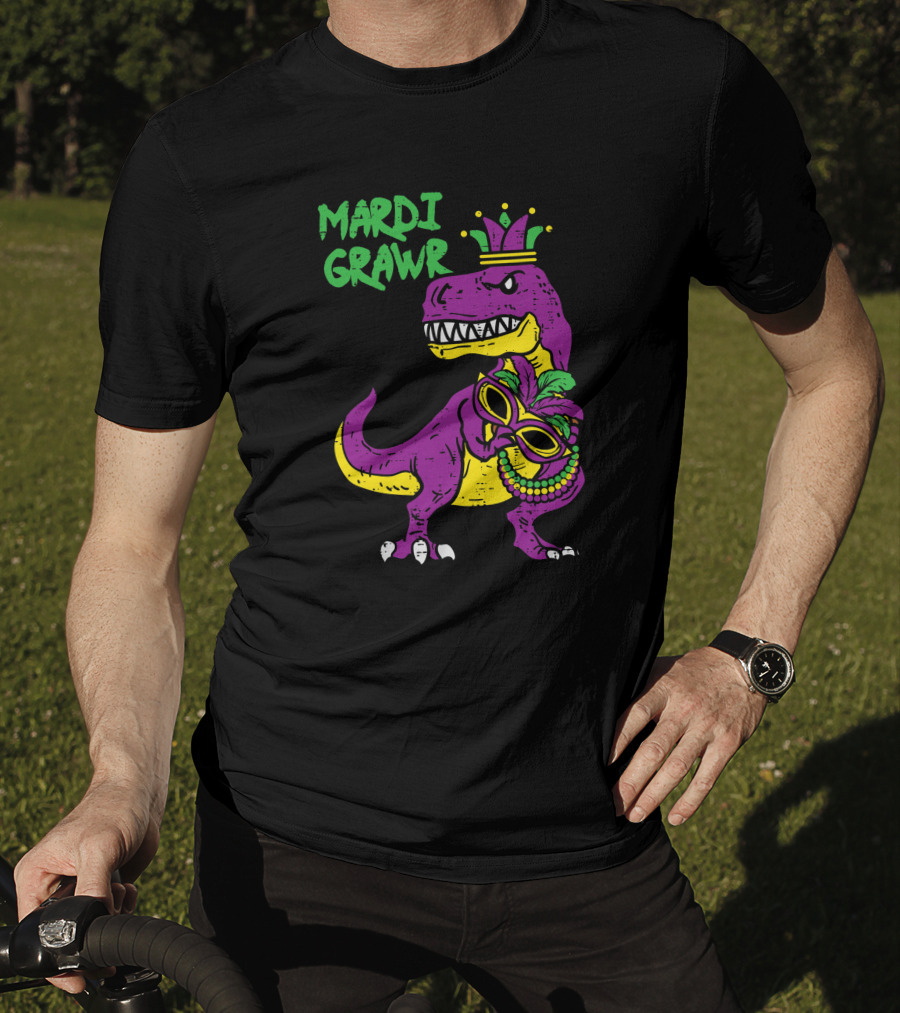 Mardi Grawr Jester Trex Dinosaur With Mask And Beads T-Shirt