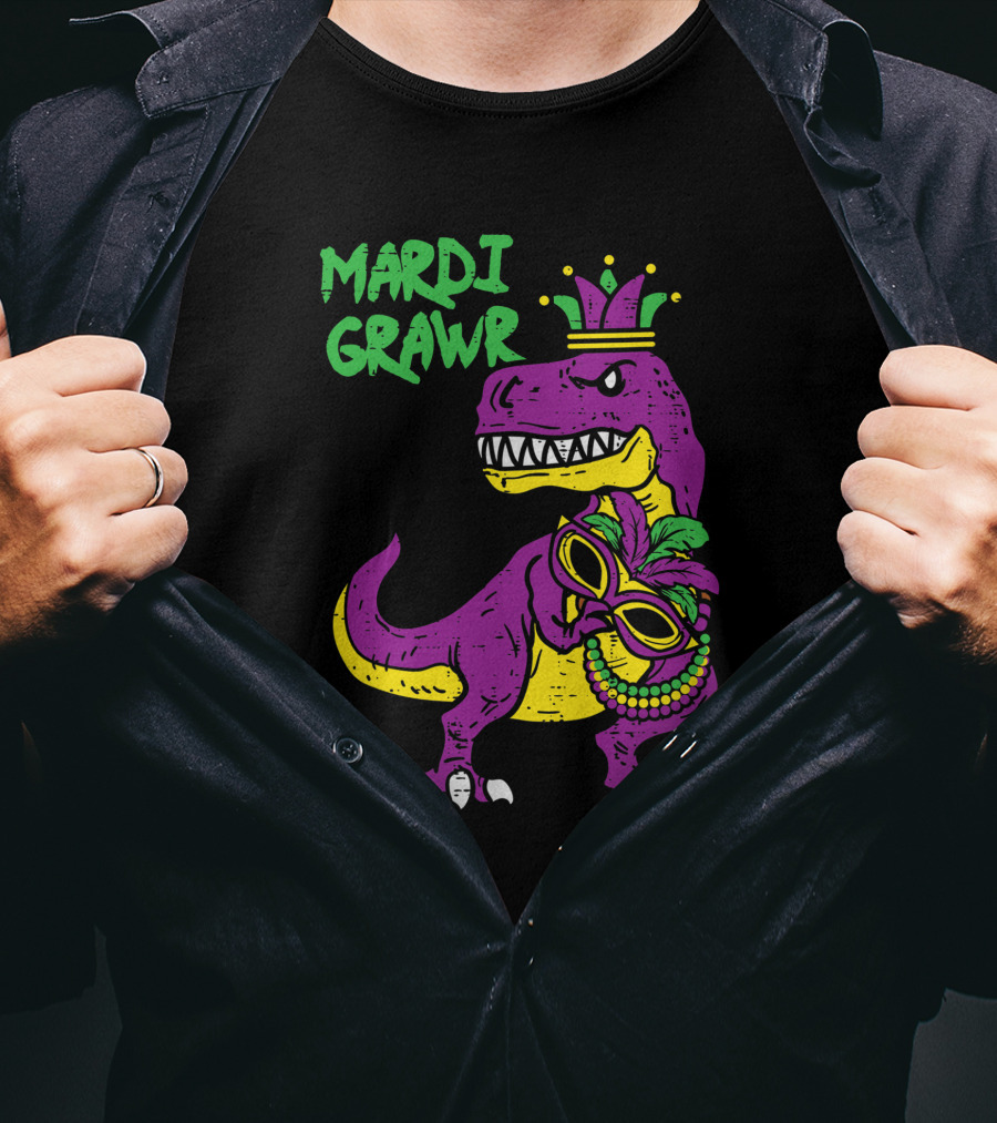 Mardi Grawr Jester Trex Dinosaur With Mask And Beads T-Shirt