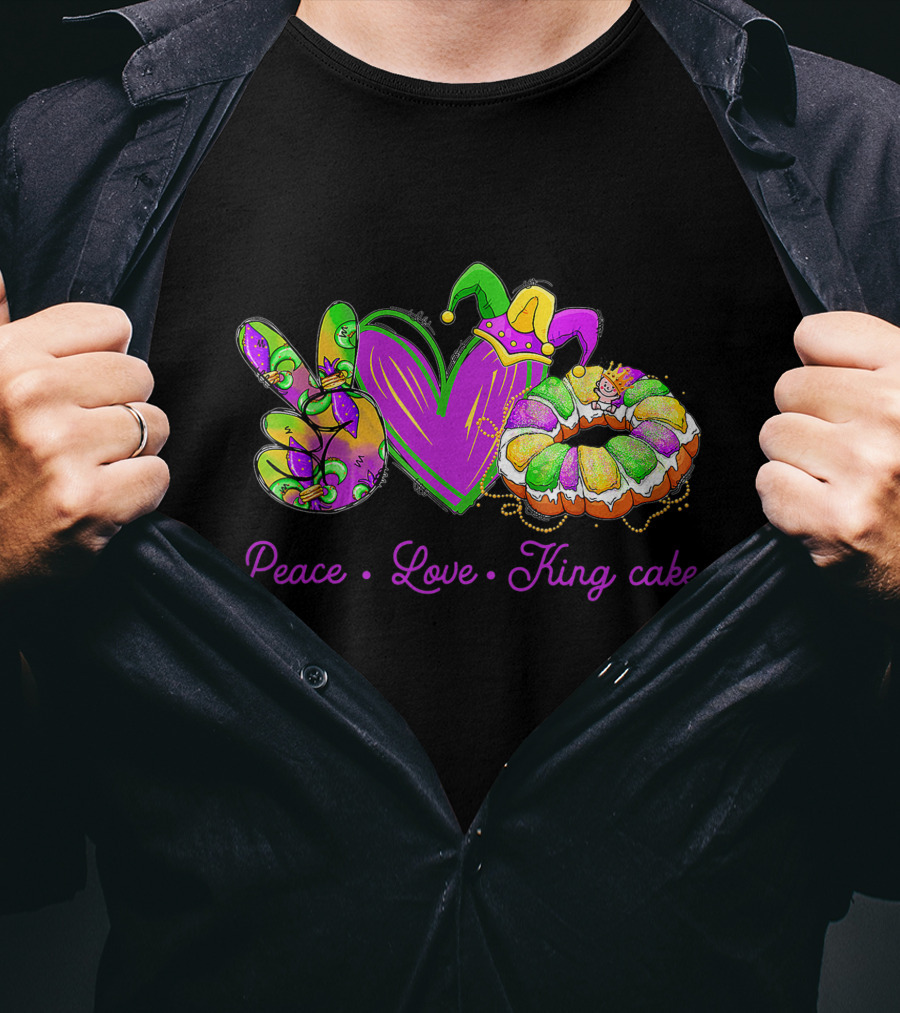 Peace Love King Cake Funny Mardi Gras Party Carnival Icons T-Shirt