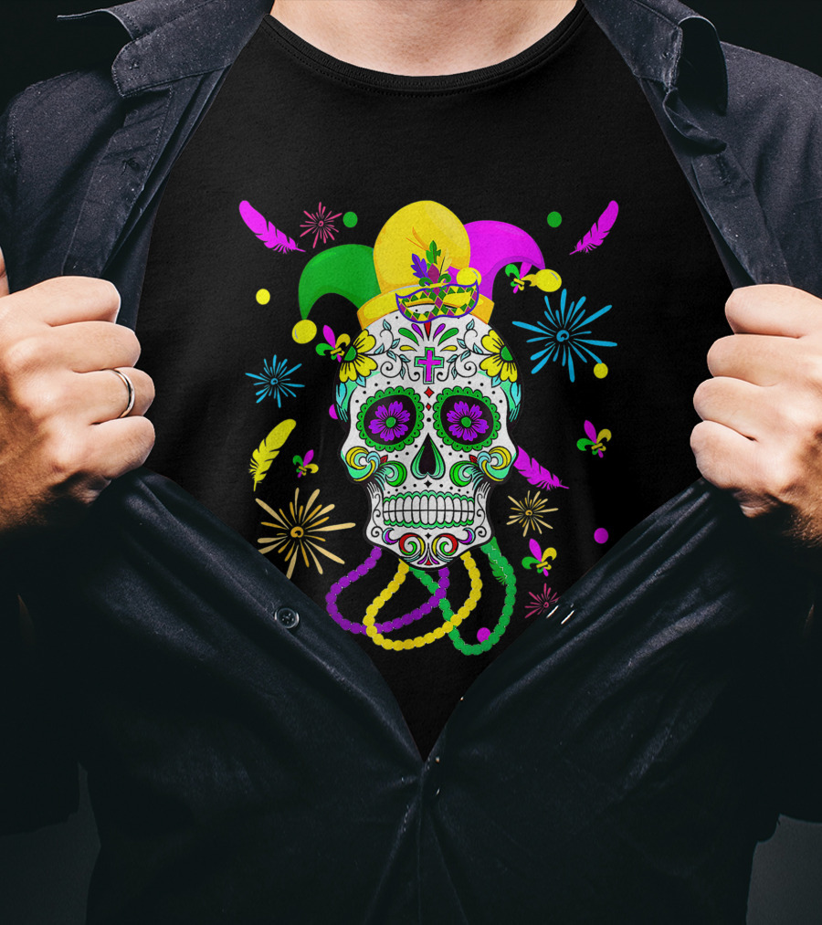 Sugar Skull Carnival Mask Jester Hat Mardi Gras Celebrations T-Shirt