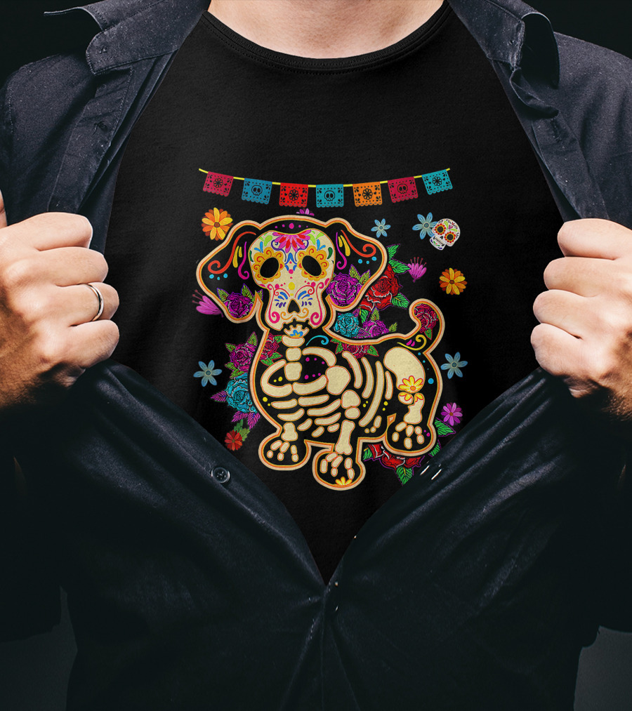 Sugar Skull Mexican Dachshund Bone Halloween Day Of The Dead Dog Skeleton Flowers T-Shirt