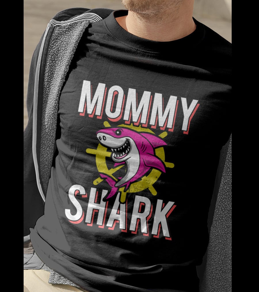 Mommy Shark Cartoon Pink Shark With Yellow Helm Background T-Shirt