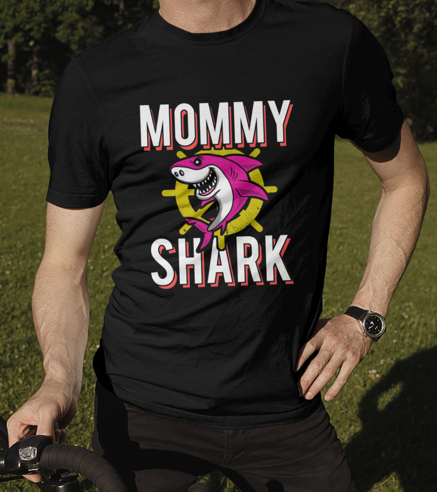 Mommy Shark Cartoon Pink Shark With Yellow Helm Background T-Shirt