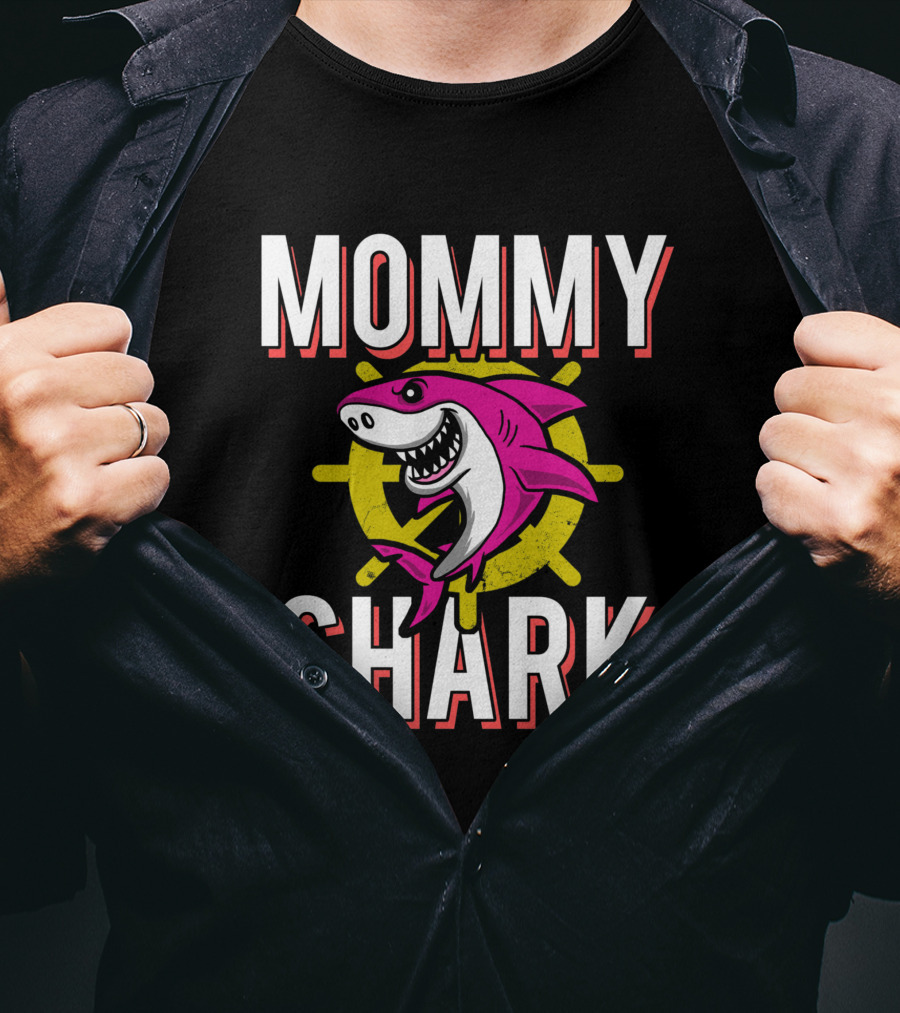 Mommy Shark Cartoon Pink Shark With Yellow Helm Background T-Shirt