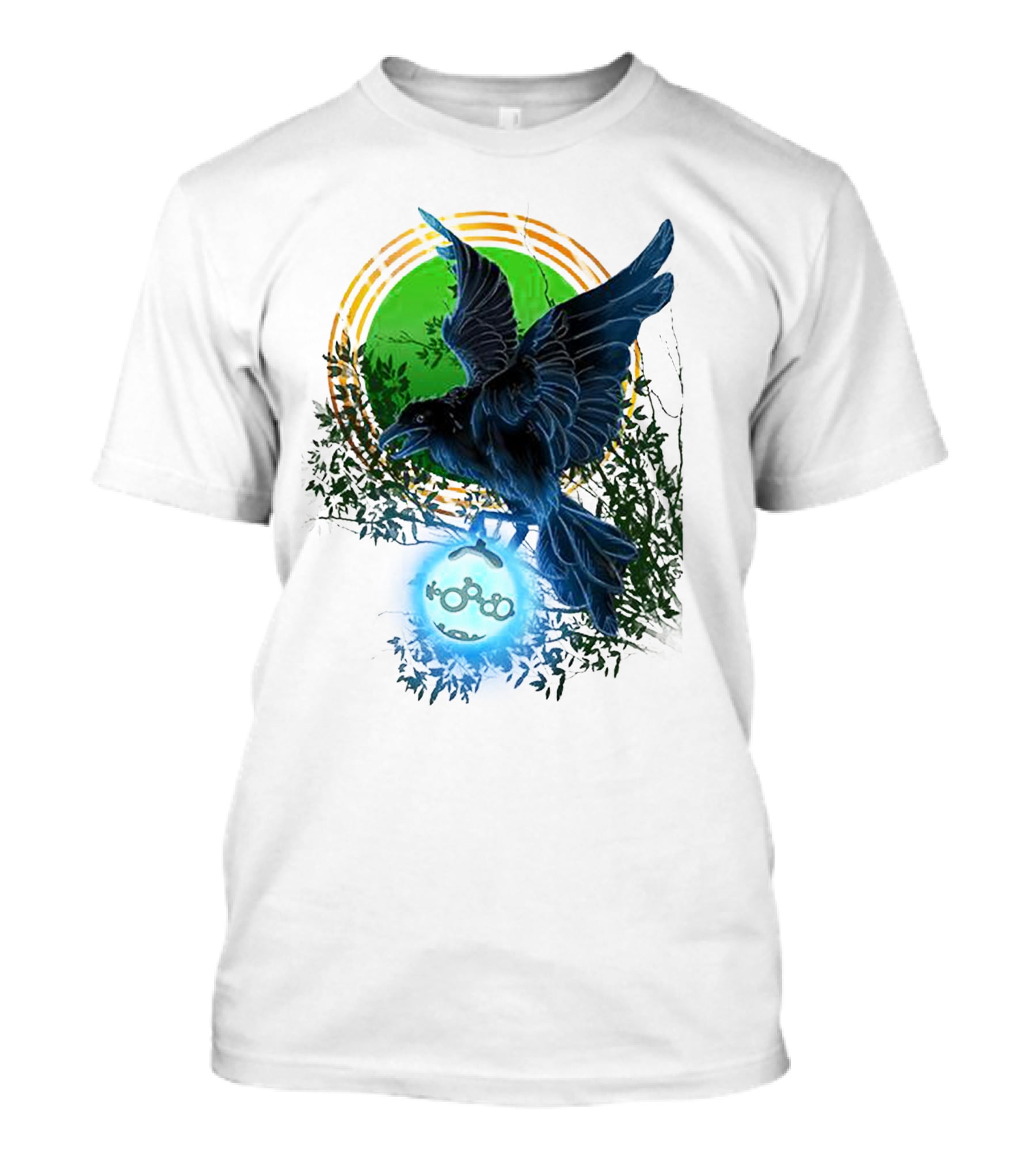 Pointcrow Raven Orb Enigma With Rings And Foliage T-Shirt