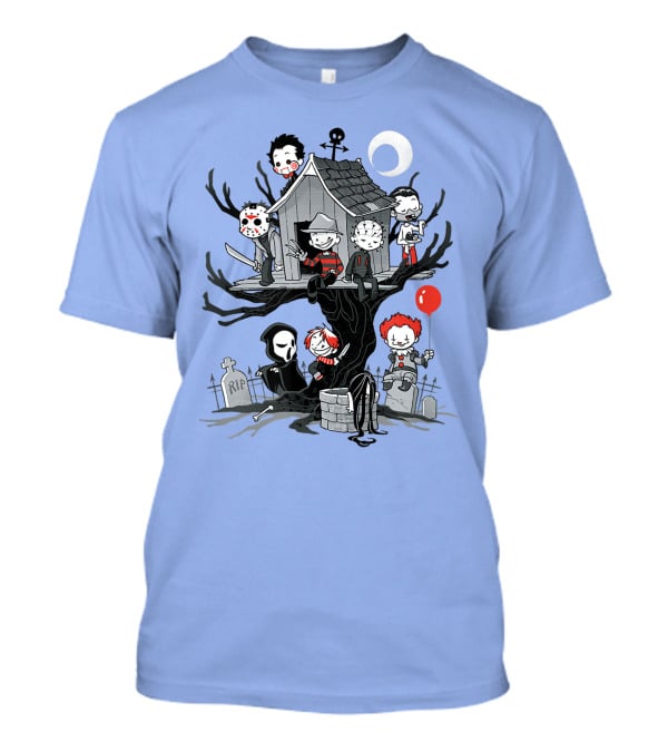 Horror Icons Treehouse Adventure With Scream Mask T-Shirt